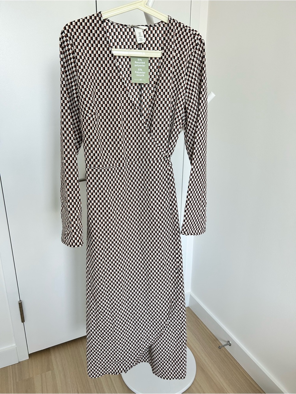 H&M Brown and White Checker Wrap Midi Dress